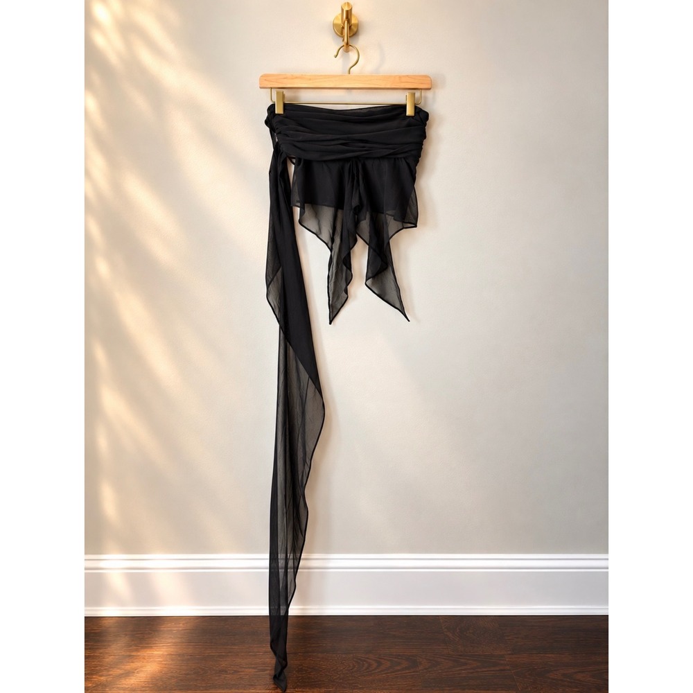 Guizio Black Sheer Chiffon Draped Tube Top Asymmetrical Wrap Sash Strapless